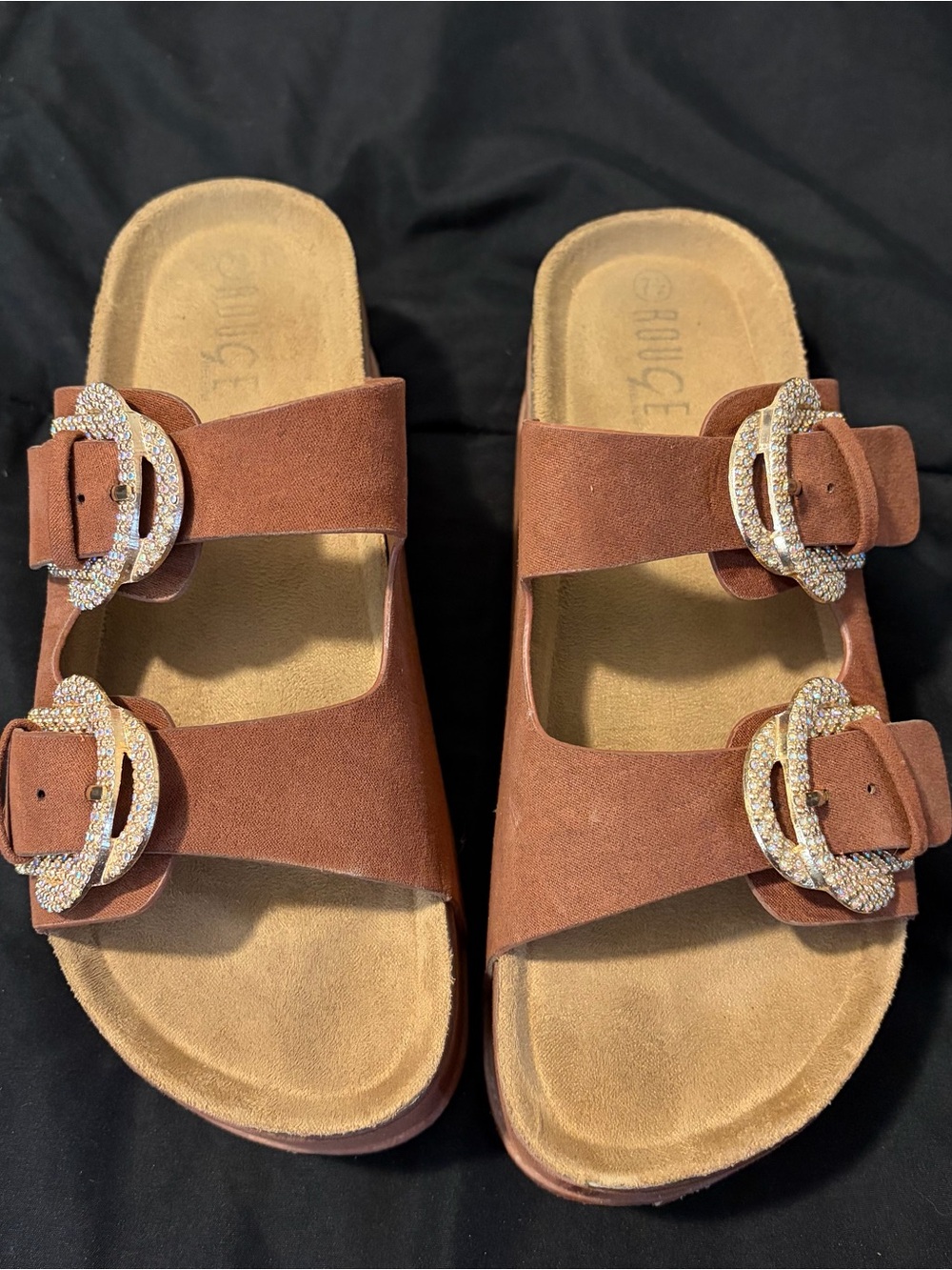 Rouge! Brown Suede Double-Buckle Slide Sandals with Rhinestone Buckles
